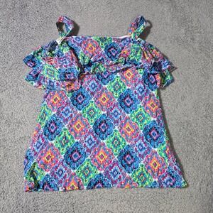 Hailey Lyn Womens Small Tank Top Multicolor Geometric Ikat Ruffle Boho Lined